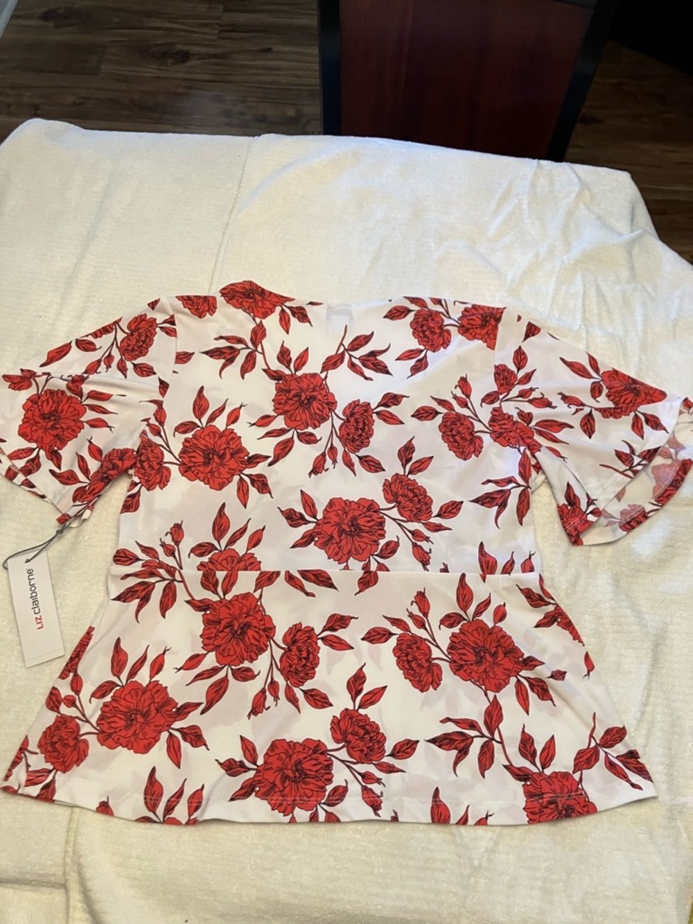 Liz Claiborne White Peplum Blouse with Red Floral Print